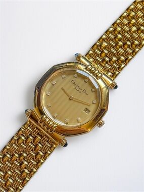 Vintage Christian Dior Octagon Gold Watch with Diamond Dial & Date